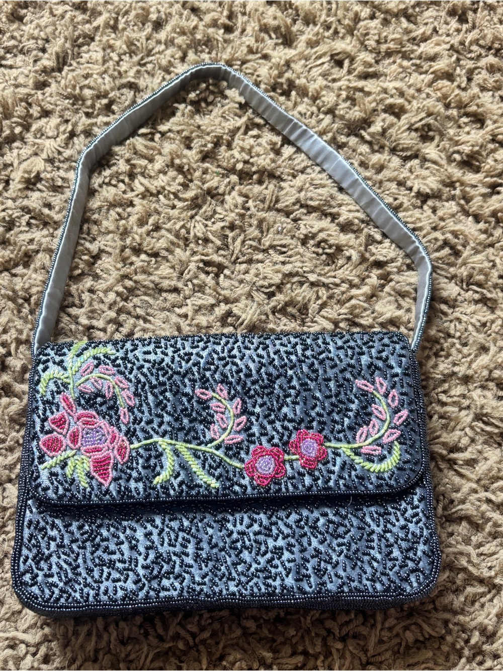 Hand-Embroidered Black Shoulder Bag with Pink Floral Detail